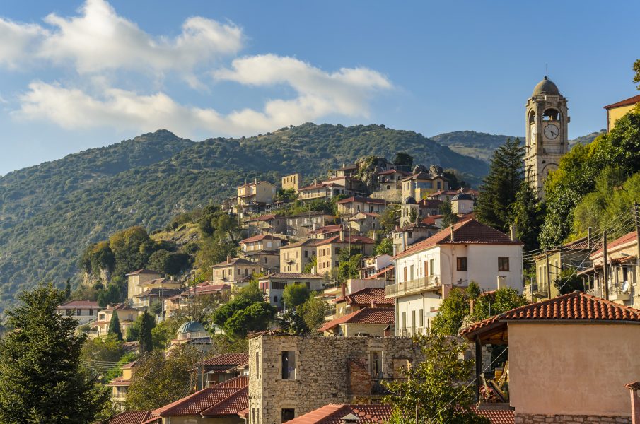 Traditional,Houses,Of,Dimitsana,Village,With,The,Tall,Clock,Tower