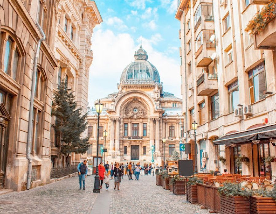Bucharest, Romania - 10 12 2018 Panoramic view Palace of the Savings Bank in the historical center or old town of city